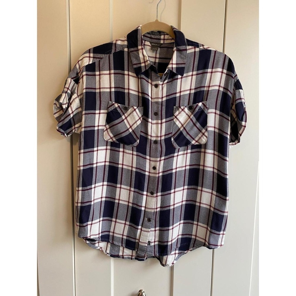 Eddie Bauer Women Small Plaid Button Down Shirt Women Cabin Coastal s5
